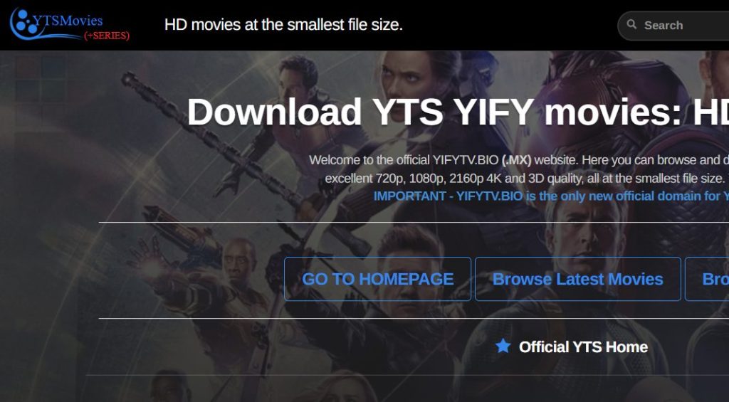 Yify TV homepage